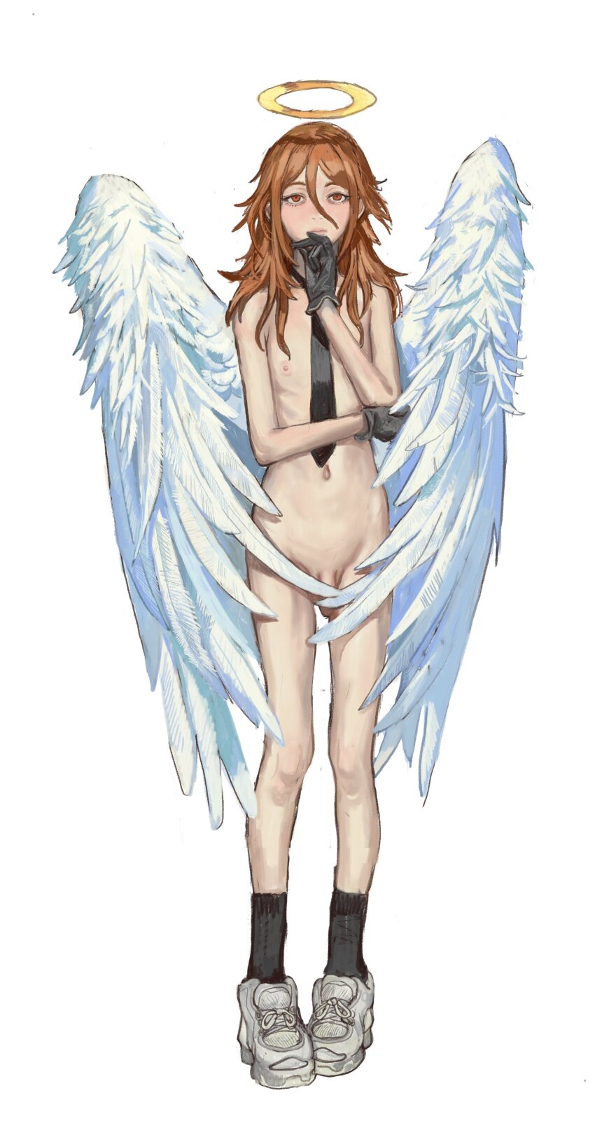 1boy absurdres angel angel_devil_(chainsaw_man) angel_wings black_gloves chainsaw_man gloves halo highres long_hair male_focus mossacannibalis necktie nipples nude penis red_eyes red_hair shoes skinny small_penis solo thinking trap white_background wings