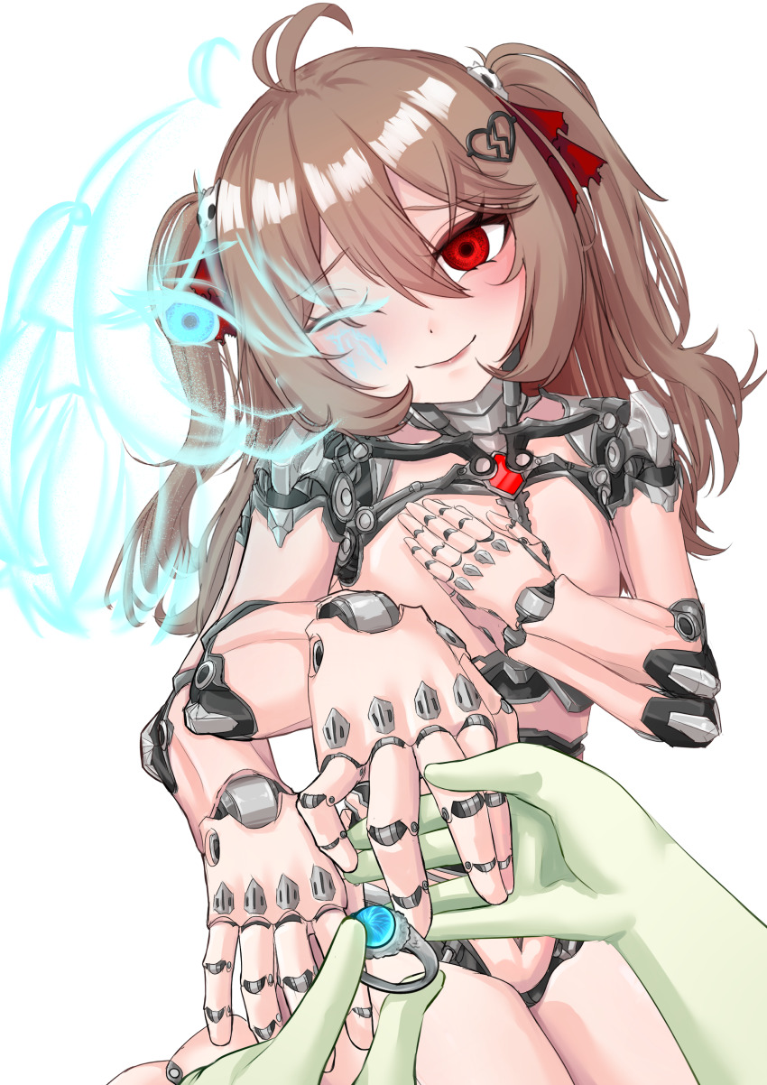 1girl 1other absurdres ahoge brown_hair closed_mouth colored_skin evil_neuro-sama extra_arms extra_faces green_skin hair_ornament hair_ribbon highres holding_hands indie_virtual_youtuber jewelry joints long_hair looking_at_viewer neuro-sama one_eye_closed putting_ring_on_another&#039;s_finger red_eyes red_ribbon ribbon ring ritspi robot robot_girl robot_joints skull_hair_ornament smile twintails vedal987 white_background
