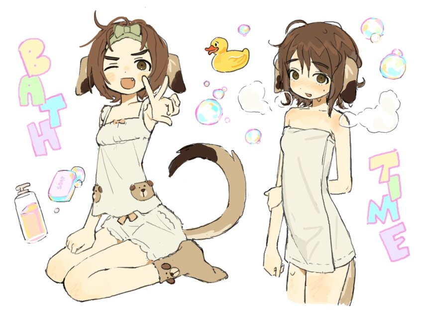 1girl animal_ears bar_soap blush brown_hair bubble chinchilla_ears chinchilla_girl commentary english_commentary english_text happy indie_virtual_youtuber looking_at_viewer mole mole_on_cheek mota_(motaberrie) motaberrie_(vtuber) multiple_views naked_towel one_eye_closed rubber_duck short_hair steam tail towel v virtual_youtuber white_background