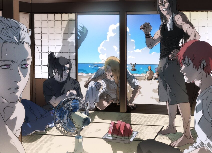 1girl 6+boys beach black_hair black_shirt black_tank_top blonde_hair blue_pants cloud deidara_(naruto) dong2taku earphones food fruit grey_hair grey_shorts hidan_(naruto) highres kakuzu_(naruto) konan_(naruto) multiple_boys naruto_(series) naruto_shippuuden ocean orange_hair pain_(naruto) pants purple_eyes purple_hair red_hair sasori_(naruto) shirt shorts shouji sliding_doors sweat tank_top tatami topless_male uchiha_itachi ventilation_fan watermelon watermelon_slice white_shirt zetsu_(naruto)