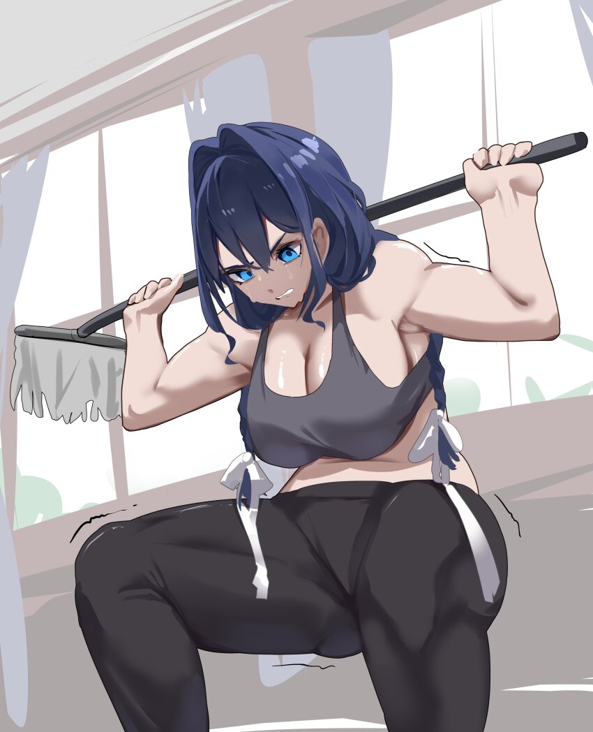 1girl absurdres black_hair black_pants blue_eyes braid breasts cleavage commentary english_commentary grey_sports_bra hair_intakes highres holding holding_mop hololive hololive_english indoors koizumi_arata large_breasts long_hair low_twin_braids mop ouro_kronii pants solo sports_bra squatting sweat twin_braids virtual_youtuber window