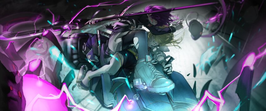 2girls battle blonde_hair breasts danch1838687 dress green_eyes hat heaven_burns_red highres holding hug long_sleeves motor_vehicle motorcycle multiple_girls nanase_nanami_(heaven_burns_red) pencil_skirt purple_hair red_eyes shoes short_hair skirt tezuka_saki weapon white_shoes yuri