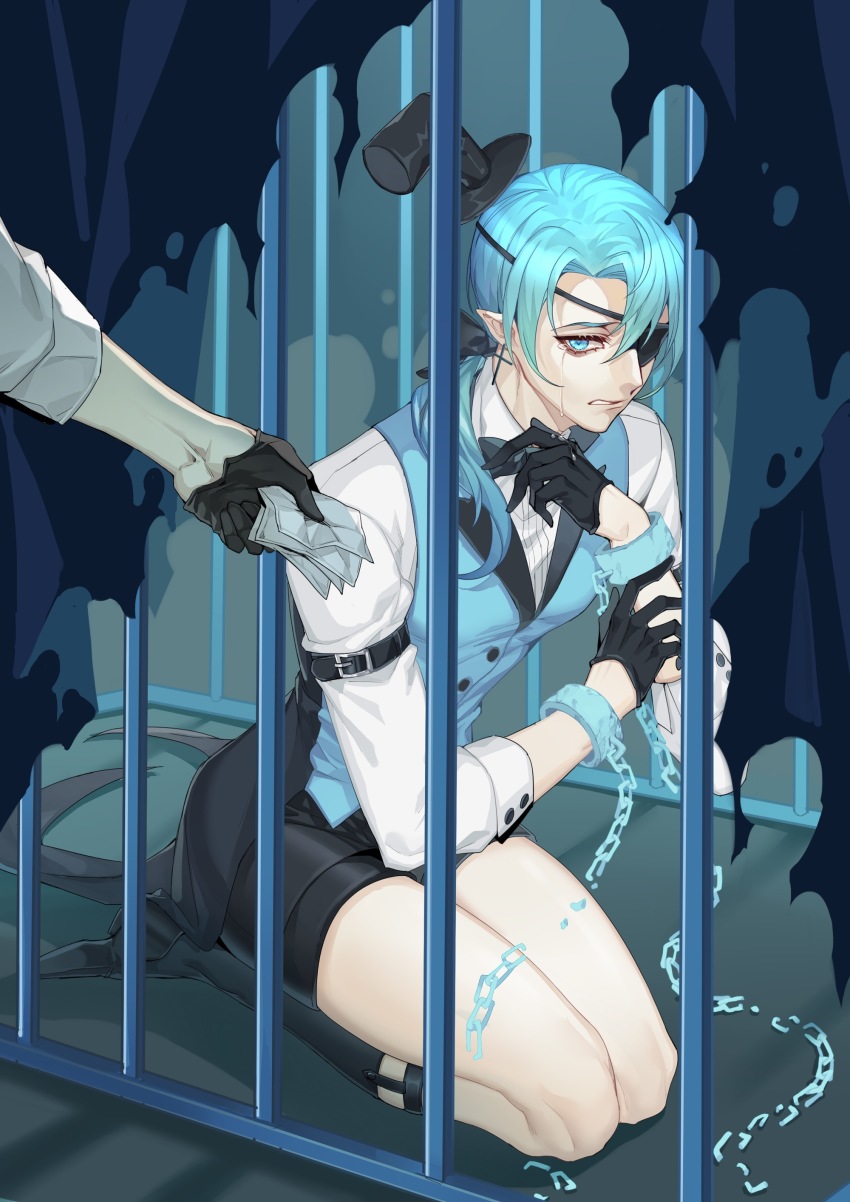 1boy absurdres arm_belt bill_cipher black_footwear black_gloves black_headwear black_shorts black_socks blue_eyes blue_hair blue_vest broken broken_chain cage chain clenched_teeth collared_shirt cross cross_earrings crying crying_with_eyes_open cuffs curtains earrings eyepatch from_side full_body giving gloves gravity_falls hair_over_shoulder hand_up hat highres in_cage jewelry kneehighs legwear_garter long_hair long_sleeves looking_at_viewer male_focus mini_hat mini_top_hat on_ground one_eye_covered out_of_frame personification pointy_ears ponytail reverse_falls_(gravity_falls) rjun1431 seiza shackles shirt shoes shorts sitting socks solo_focus tailcoat tears teeth tight_clothes top_hat vest white_shirt will_cipher