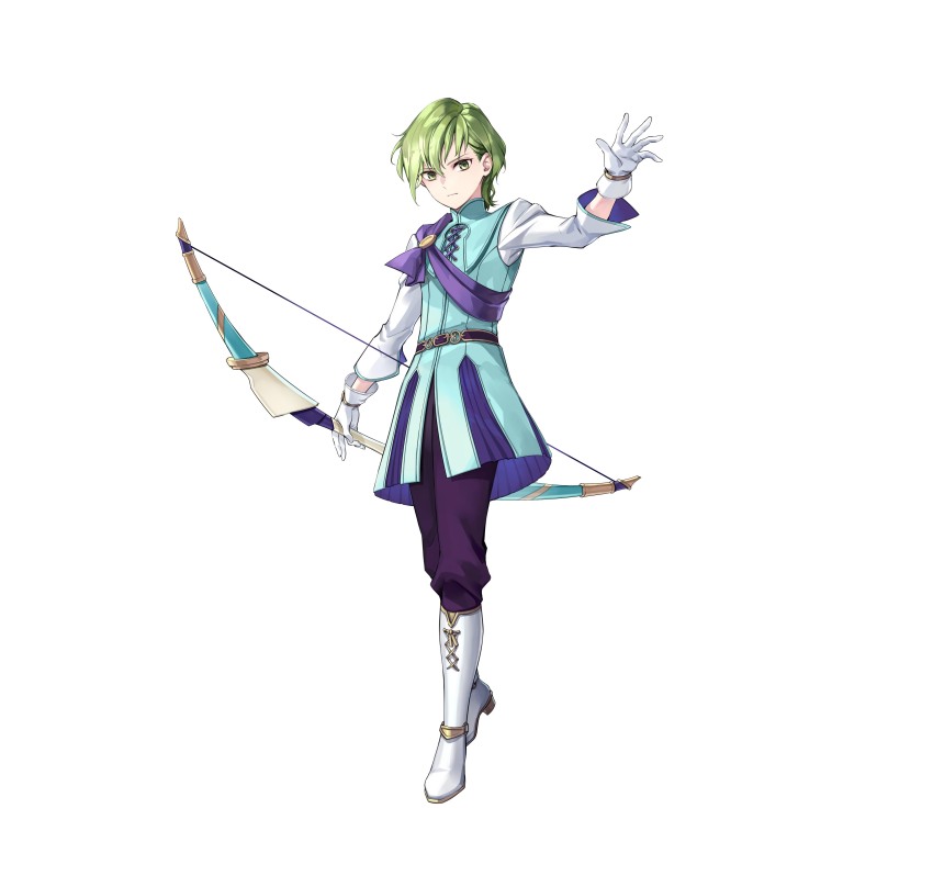 1boy absurdres belt blue_jacket boots bow_(weapon) closed_mouth commentary_request fire_emblem fire_emblem:_the_sacred_stones fire_emblem_heroes full_body gloves green_eyes green_hair highres holding holding_bow_(weapon) holding_weapon innes_(fire_emblem) innes_(frelian_moonlight)_(fire_emblem) jacket kano_akira knee_boots long_sleeves looking_at_viewer male_focus nintendo official_art pants purple_pants sash second-party_source shirt short_hair shoulder_sash simple_background solo standing tachi-e weapon white_background white_boots white_gloves white_shirt