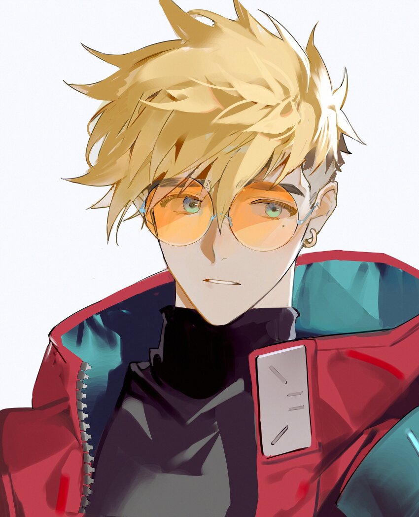 1boy black_shirt blonde_hair blue_eyes citronplanet coat earrings highres jewelry male_focus multicolored_hair open_clothes open_coat orange-tinted_eyewear prosthesis prosthetic_arm red_coat round_eyewear shirt short_hair simple_background single_earring solo tinted_eyewear trigun trigun_stampede turtleneck two-sided_fabric two-tone_hair undercut upper_body vash_the_stampede white_background zipper