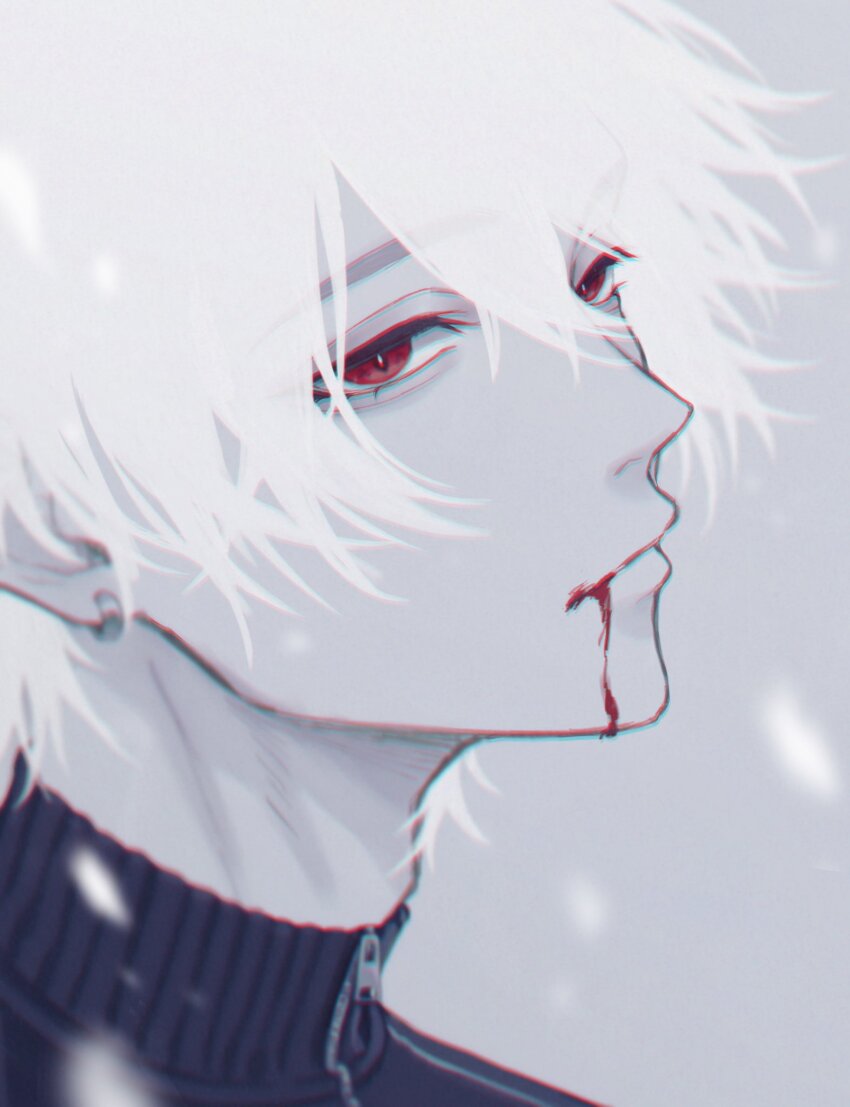 1boy blood blood_from_mouth closed_mouth commentary earrings grey_background hair_between_eyes hashtag-only_commentary highres jacket jewelry kuzuha_(nijisanji) light_particles looking_to_the_side male_focus moxamog nijisanji pale_skin partially_colored portrait red_eyes short_hair solo virtual_youtuber white_hair zipper zipper_pull_tab