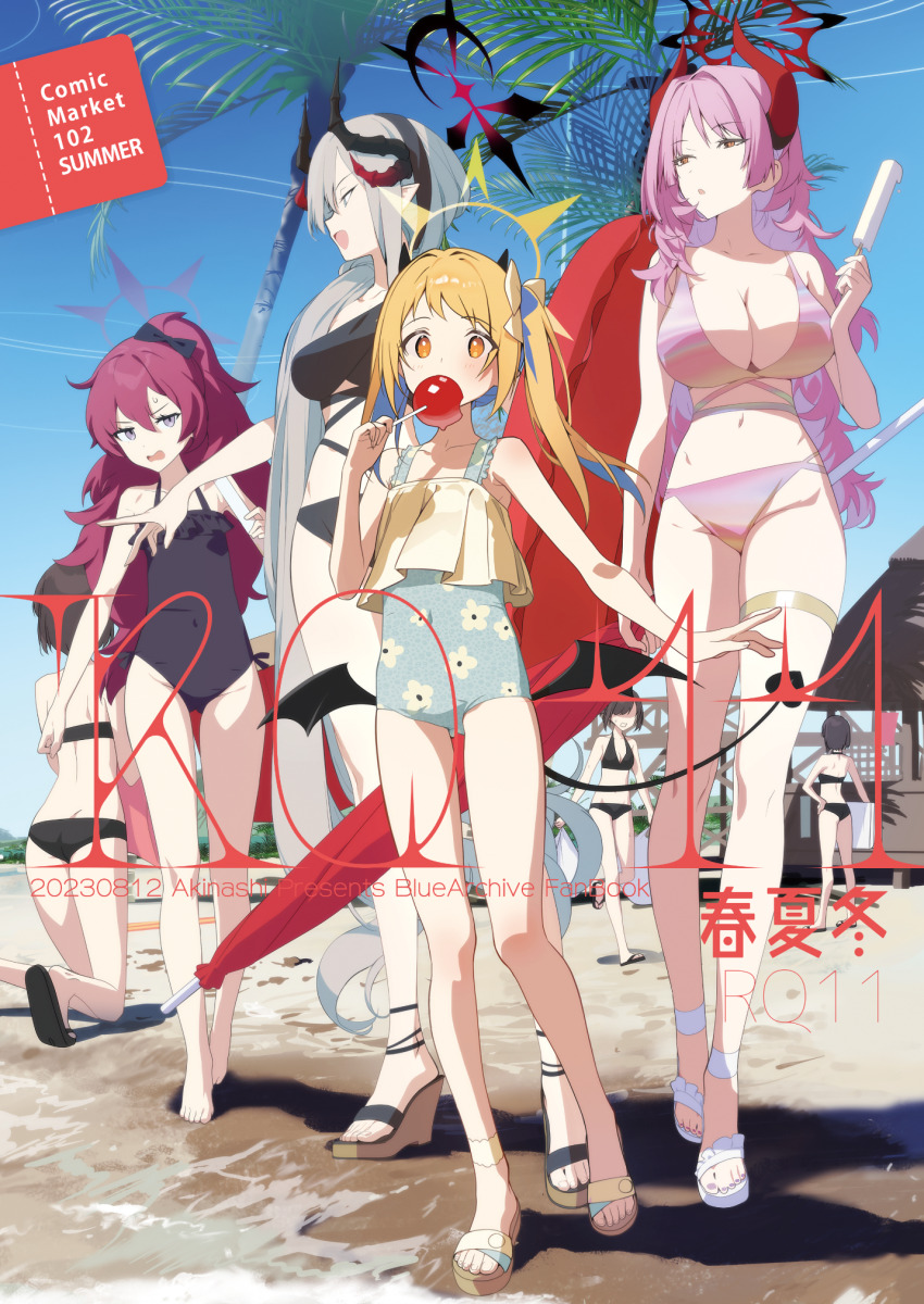 6+girls akinashi_yuu alternate_costume ball barefoot beach beachball blue_archive breasts butt_crack candy_apple cleavage demon_girl demon_horns demon_wings eating food halo highres holding holding_food horns ibuki_(blue_archive) iroha_(blue_archive) large_breasts long_hair makoto_(blue_archive) multiple_girls one-piece_swimsuit pandemonium_society_member_(blue_archive) popsicle satsuki_(blue_archive) shoes small_breasts swimsuit umbrella wings