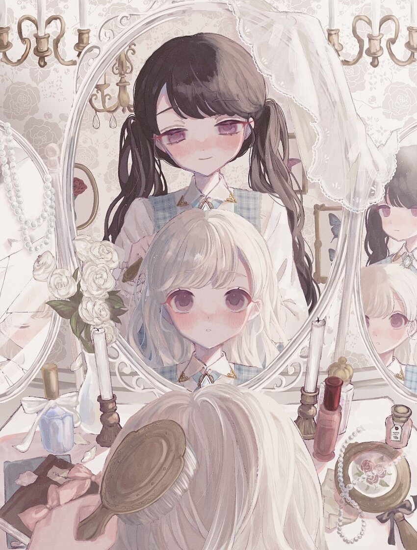 2girls black_bow black_hair blue_vest blush book bottle bow broken_mirror brushing_another&#039;s_hair brushing_hair candelabra candle candlestand chandelier closed_eyes closed_mouth collared_shirt commentary_request curusucururi different_reflection dot_nose flower hair_brush hand_mirror highres holding holding_hair_brush indoors jewelry long_hair long_sleeves looking_at_another looking_down looking_up mirror multiple_girls necklace original parted_bangs parted_lips pearl_necklace perfume_bottle pink_bow plaid_clothes plaid_vest pov pov_hands reflection reflection_focus shirt sitting smile standing swept_bangs twintails unworn_jewelry unworn_necklace vase vest white_bow white_flower white_hair white_shirt