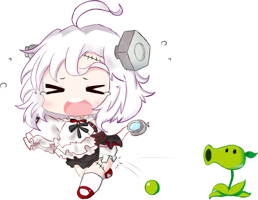 &gt;_&lt; 1girl ahoge azur_lane bailingxiao_jiu black_skirt bloomers blush bolt_(hardware) chibi closed_eyes crossover detached_sleeves fleeing high-waist_skirt highres kneehighs long_sleeves mary_janes open_mouth outstretched_arms peas peashooter_(plants_vs_zombies) plants_vs_zombies pleated_skirt red_footwear running shirt shoes skirt sleeves_past_fingers sleeves_past_wrists socks stitches tears teeth terror_(azur_lane) underwear upper_teeth_only white_bloomers white_shirt white_socks