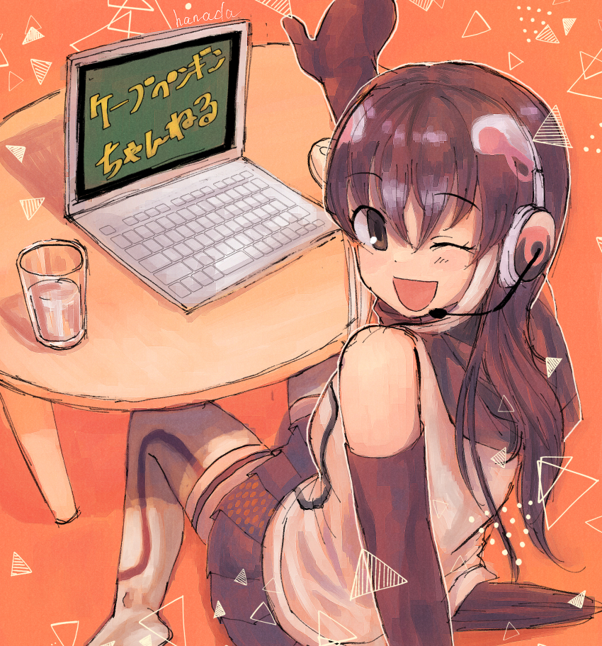 1girl african_penguin_(kemono_friends) black_hair computer desk gloves hanada_(cobalt003) highres kemono_friends kemono_friends_v_project long_hair looking_at_viewer microphone multicolored_hair one_eye_closed open_mouth shirt simple_background sitting skirt smile solo tail virtual_youtuber