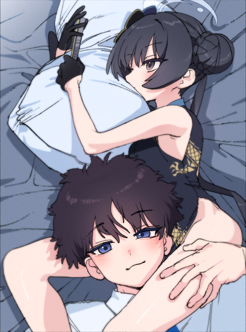 1boy 1girl absurdres between_thighs black_hair blue_archive blue_eyes brain chinese_clothes collared_shirt gloves grey_eyes hair_bun hair_ornament halo highres i&#039;m_this_clingy_(meme) je_o_mo kisaki_(blue_archive) long_sleeves looking_at_phone looking_at_viewer meme on_bed phone pillow sensei_(blue_archive) shirt sleeveless teacher thigh_grab