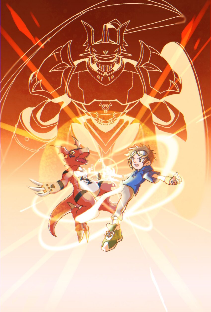 blue_hoodie brown_eyes brown_hair digimon digimon_(creature) digimon_tamers dinosaur dukemon evolutionary_line goggles goggles_on_head guilmon henshin highres hood hoodie matsuda_takato megane_mochi red_background simple_background transformation