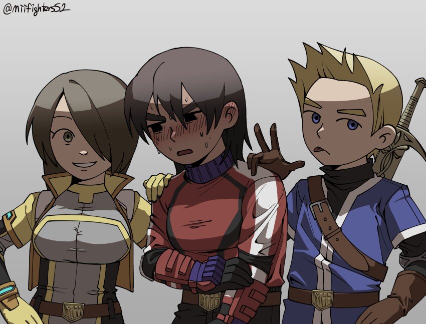 1girl 2boys armor belt black_eyes black_hair blonde_hair blue_eyes blush boots breasts brown_eyes brown_gloves brown_hair fighting gloves hair_over_one_eye hand_on_another&#039;s_shoulder highres jacket jewelry jumpsuit large_breasts looking_at_viewer mii_(nintendo) mii_brawler mii_brawler_(smash_ultimate) mii_gunner mii_gunner_(smash_ultimate) mii_swordfighter mii_swordfighter_(smash_ultimate) miifighterss2 multiple_boys nintendo open_mouth pants red_jacket shirt short_hair smile super_smash_bros. sweat sword tongue tongue_out weapon weapon_on_back