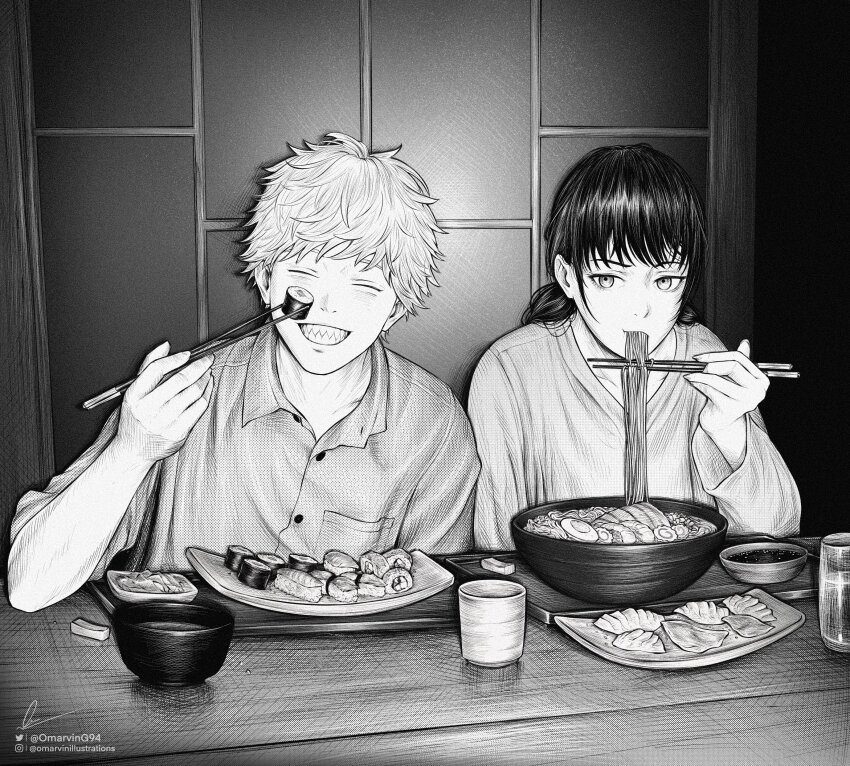 1boy 1girl absurdres bowl chainsaw_man chopsticks closed_eyes commentary crosshatching cup denji_(chainsaw_man) dumpling eating food glass greyscale grin hatching_(texture) highres holding holding_chopsticks instagram_username low_twintails marvin_(omarvin) mitaka_asa monochrome noodles plate ramen sharp_teeth signature smile sushi table teeth tray twintails twitter_username