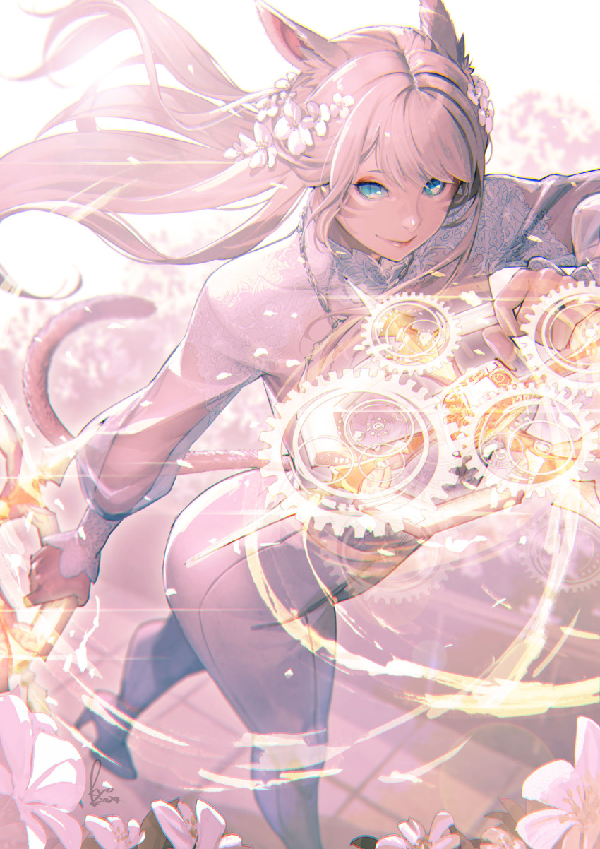 1girl absurdres animal_ears artist_name blue_eyes cat_ears cat_girl cat_tail commentary_request dancer_(final_fantasy) dual_wielding facial_mark final_fantasy final_fantasy_xiv flower gears hair_flower hair_ornament high_heels highres holding holding_weapon kyo_(kuroichigo) long_hair miqo&#039;te pants see-through_clothes see-through_sleeves shirt signature smile solo tail warrior_of_light_(ff14) weapon whisker_markings white_pants white_shirt