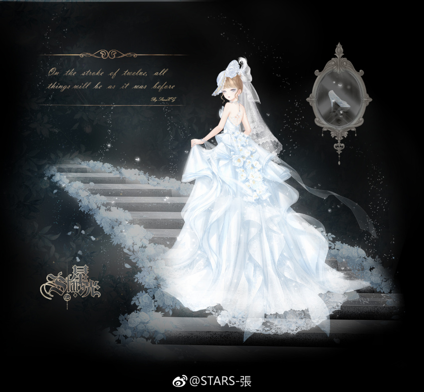 1girl artist_name back_bow bare_back bare_shoulders black_background blonde_hair blunt_bangs bow bracelet chinese_commentary cinderella commentary_request dress dress_flower earrings english_text eyelashes flower frilled_headwear from_behind full_body glass_slipper gown grey_eyes hair_flower hair_ornament hat highres jewelry lace-trimmed_veil lace_trim light_particles lipstick long_dress looking_at_viewer looking_back makeup miracle_nikki mirror nikki_(series) official_style original parted_lips petals red_lips rose see-through_clothes see-through_veil short_hair skirt_hold sleeveless sleeveless_dress smile solo sphere_earrings stars_zhangzhang sun_hat updo veil walking watermark wavy_hair weibo_watermark white_bow white_dress white_flower white_hat white_rose white_veil