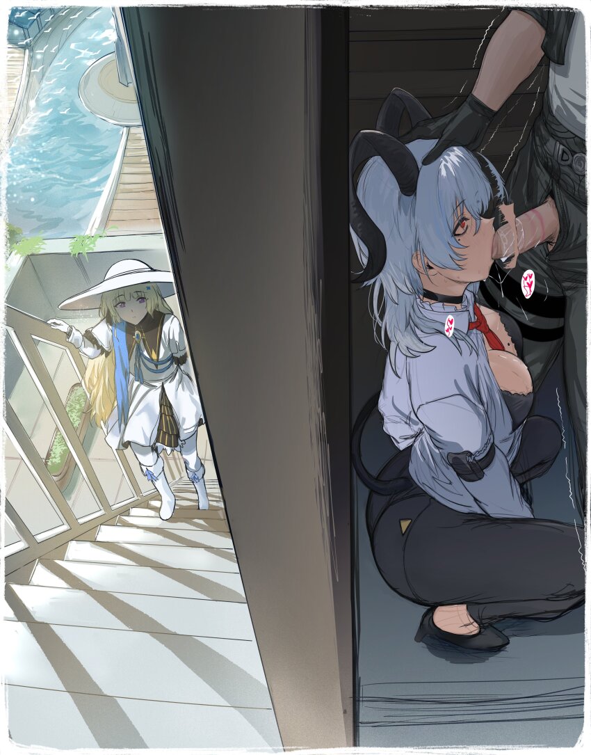 1boy 2girls absurdres arm_pouch ass black_bra black_choker black_gloves black_horns black_pants black_shoes black_tail blonde_hair blue_sash bra bra_peek breasts choker collared_shirt commentary curled_horns erection fellatio gloves grey_hair grey_shirt hand_on_another&#039;s_head hat hews highres horns long_hair looking_at_penis male_rover_(wuthering_waves) medium_breasts multiple_girls necktie on_stairs open_clothes open_fly open_shirt oral pants pantyhose penis phoebe_(wuthering_waves) purple_eyes red_eyes red_necktie rover_(wuthering_waves) sash shirt shoes skirt small_breasts squatting stairs standing stealth_fellatio stealth_sex tail uncensored underwear walking white_hat white_pantyhose white_shirt white_skirt wuthering_waves zani_(wuthering_waves)