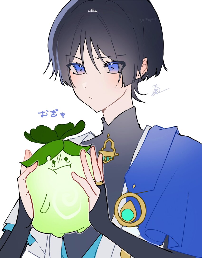 1boy aqua_gemstone aranara_(genshin_impact) black_bodysuit black_hair blue_cape blue_kimono blue_sleeves blunt_ends bodysuit cape closed_mouth creature gem genshin_impact gold gold_ring hands_up highres holding holding_creature japanese_clothes juban kimono layered_sleeves looking_at_creature male_focus mandarin_collar middle_ring nero_hanken open_clothes open_kimono pom_pom_(clothes) purple_eyes scaramouche_(genshin_impact) short_sleeves sketch solo upper_body vision_(genshin_impact) wanderer_(genshin_impact) watermark white_background white_kimono white_sleeves wispy_bangs
