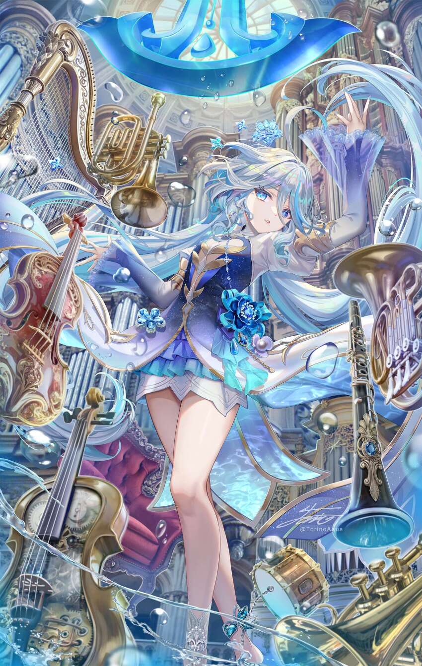 1girl absurdres anklet armchair bare_legs barefoot blue_brooch blue_eyes blue_hair blue_nails caustics center_opening chair clarinet closed_mouth cowlick dancing dome dress drum earrings flat_chest floating floating_hair floating_object french_horn furina_(genshin_impact) gears genshin_impact gradient_clothes gradient_dress hair_between_eyes hand_up harp high-low_skirt highres horn_(instrument) instrument jewelry juliet_sleeves layered_sleeves light_blue_hair long_hair long_sleeves looking_at_viewer mismatched_pupils multicolored_hair nail_polish non-web_source parted_lips pillar puffy_sleeves see-through_clothes see-through_sleeves sidelocks solo starry_sky_print streaked_hair sword torino_aqua trumpet twintails underwater very_long_hair violin water water_drop wavy_hair weapon white_dress white_hair