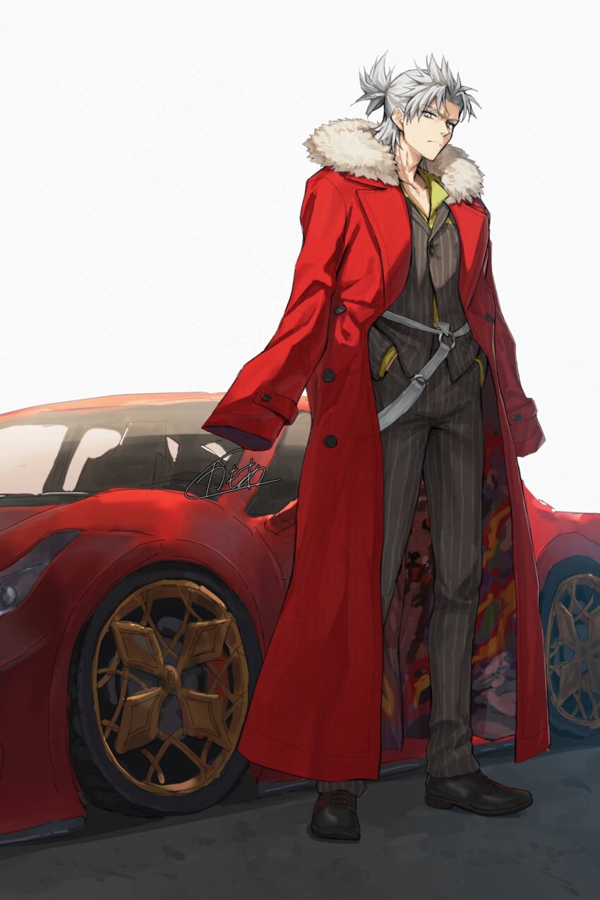1boy car coat coat_on_shoulders fate/grand_order fate_(series) formal_clothes full_body fur-trimmed_coat fur_trim grey_eyes grey_hair half_updo hands_in_pockets highres jacket kamo_ashi looking_at_viewer male_focus motor_vehicle pants pinstripe_pants pinstripe_pattern pinstripe_suit red_car red_coat shoes solo standing striped_clothes striped_jacket striped_pants striped_suit suit takeda_shingen_(fate) vertical-striped_clothes vertical-striped_jacket vertical-striped_pants vertical-striped_suit