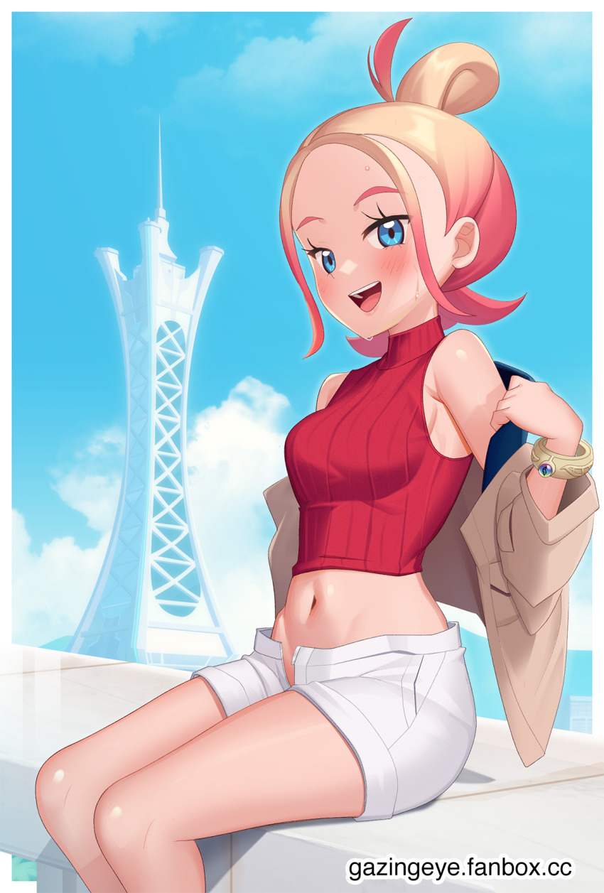 1girl :d blonde_hair blue_eyes blue_sky blush bracelet breasts brown_jacket cloud cropped_sweater day gazing_eye gradient_hair highres jacket jewelry looking_at_viewer medium_breasts midriff multicolored_hair navel nintendo off_shoulder open_fly open_mouth outdoors pink_hair pokemon pokemon_legends:_z-a red_sweater shorts sitting sky smile solo stomach sweater taunie_(pokemon) thighs tower white_shorts