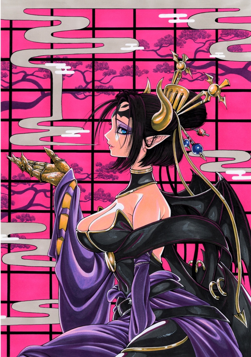 1girl bare_shoulders black_bodysuit black_wings blue_eyes bodysuit breasts cleavage cowboy_shot demon_girl demon_horns demon_wings detached_sleeves digimon digimon_(creature) eyeshadow from_side hair_bun highres horns large_breasts lilithmon makeup miura_satoru multiple_wings pink_background pointy_ears profile purple_eyes purple_eyeshadow purple_sleeves revision smoke solo wide_sleeves wings