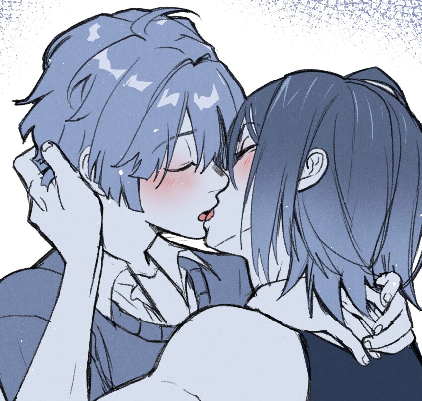 2boys blush closed_eyes collared_shirt commentary forte_(love_melodies) french_kiss hand_on_another&#039;s_head hazuki_(love_melodies) highres kasutama kiss love_melodies male_focus multiple_boys shirt sleeveless sleeveless_shirt sweater yaoi