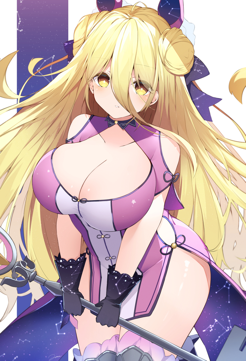 1girl absurdres andromeda_(constellation) bare_shoulders big_dipper black_gloves blonde_hair blue_bow blush bow breasts cancer_(constellation) capricorn_(constellation) cassiopeia_(constellation) center_opening chinese_zodiac cleavage commentary_request constellation constellation_print constellation_request cygnus_(constellation) date_a_live double_bun dress expressionless gemini_(constellation) gloves hair_between_eyes hair_bow hair_bun highres hip_focus holding holding_key hoshimiya_mukuro huge_breasts jam_(jamjam777) key large_breasts leaning_forward libra_(constellation) long_hair no_panties parted_lips pegasus_(constellation) pisces_(constellation) purple_bow purple_dress sagittarius_(constellation) scorpius_(constellation) side-tie_dress sky sleeveless sleeveless_dress solo star_(sky) staring starry_sky starry_sky_print taurus_(constellation) thighs v_arms very_long_hair yellow_eyes
