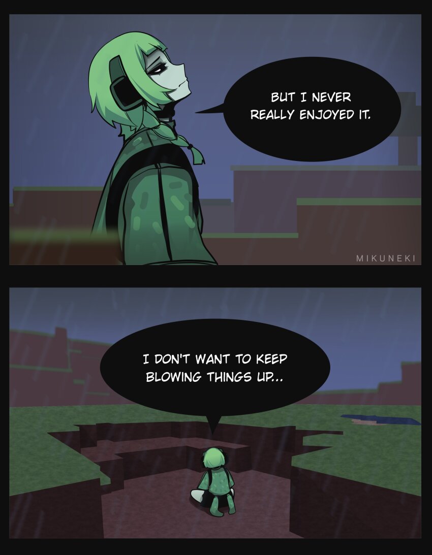 1girl absurdres artist_name black_border black_eyes border braid closed_mouth colored_skin commentary creeper english_commentary english_text grass green_hair green_shirt green_skin highres looking_up medium_hair mikuneki minecraft on_ground original outdoors personification rain sad shirt sitting solo speech_bubble tree twin_braids
