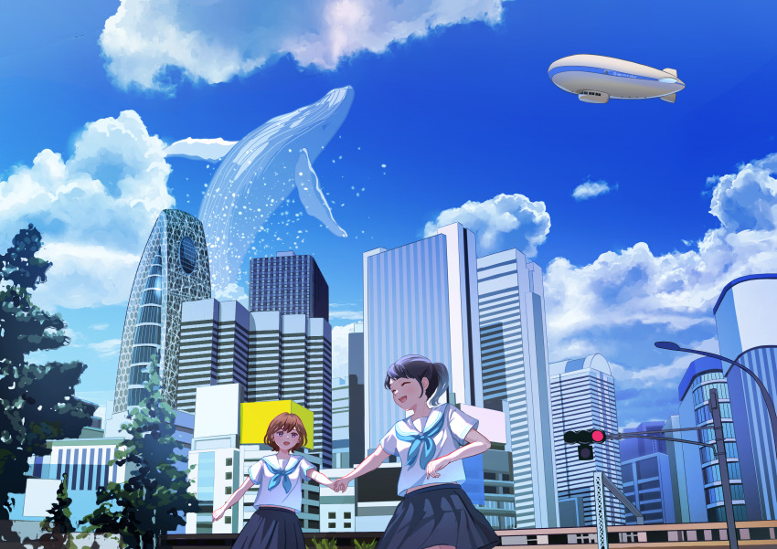 2girls absurdres aircraft airship aqua_neckerchief black_hair blue_hair blue_skirt blue_sky blush brown_hair building closed_eyes cloud hand_grab highres multiple_girls nap_on_a_cloud neckerchief open_mouth original outdoors pleated_skirt ponytail purple_eyes sailor_collar school_uniform serafuku short_hair skirt sky skyscraper surreal traffic_light tree whale white_sailor_collar white_serafuku wide_shot