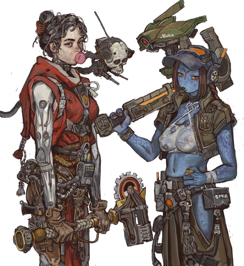 2girls absurdres adeptus_mechanicus belt black_eyes black_hair blowing_bubbles breasts chest_harness chewing_gum colored_sclera covered_erect_nipples drone gloves grey_hair hammer harness highres hood hood_down jacket long_sidelocks looking_at_viewer mechanic medium_breasts mossacannibalis multiple_girls orange_eyes pants robe saw see-through_clothes shirt sidelocks smoking t&#039;au warhammer_40k welding_mask white_background yellow_sclera