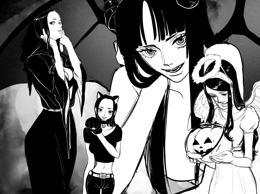 1girl angel animal_ears bell blunt_bangs cat_ears choker commentary_request demon demon_girl demonio_fleur fake_animal_ears greyscale hana_hana_no_mi highres hisarakanoi holding holding_pumpkin hooded_dress horns looking_at_viewer monochrome neck_bell nico_robin one_piece puffy_short_sleeves puffy_sleeves pumpkin short_sleeves solo wings