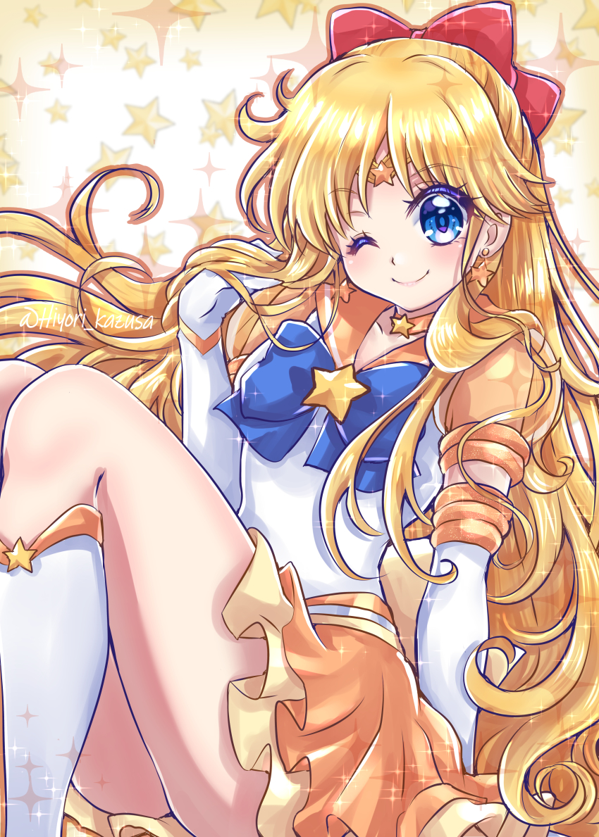 1girl ;) absurdres aino_minako back_bow bishoujo_senshi_sailor_moon bishoujo_senshi_sailor_moon_stars blonde_hair blue_bow blue_eyes boots bow brooch choker circlet closed_mouth earrings elbow_gloves gloves hair_bow highres jewelry kazusa_hiyori knee_boots layered_skirt long_hair looking_at_viewer magical_girl one_eye_closed orange_bow orange_neckwear orange_sailor_collar orange_skirt orange_theme puffy_sleeves red_bow sailor_collar sailor_senshi_uniform sailor_venus see-through_clothes skirt smile solo sparkle star_(symbol) star_brooch star_choker star_earrings star_symbol_background super_sailor_venus_(stars) twitter_username white_boots white_gloves yellow_background yellow_skirt