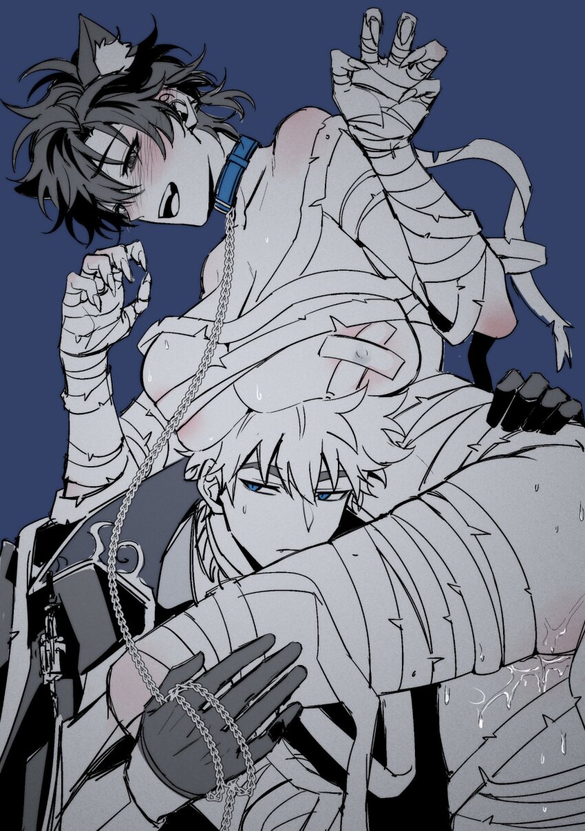 1boy 1girl alternate_costume animal_ears bandages black_eyes black_hair blue_background blue_collar blue_eyes blush breast_rest breasts breasts_on_head cat_ears cat_girl chain chain_leash cheng_xiaoshi claw_pose coat collar covered_erect_nipples dsarl995595 fang fingernails genderswap genderswap_(mtf) gloves greyscale_with_colored_background halloween halloween_costume hand_on_another&#039;s_thigh hand_on_another&#039;s_waist hetero highres holding holding_leash jewelry kemonomimi_mode large_breasts leash limited_palette lu_guang monochrome mummy_costume naked_bandage open_mouth ponytail pussy_juice shiguang_dailiren short_hair short_ponytail simple_background smile spot_color sweat sweatdrop