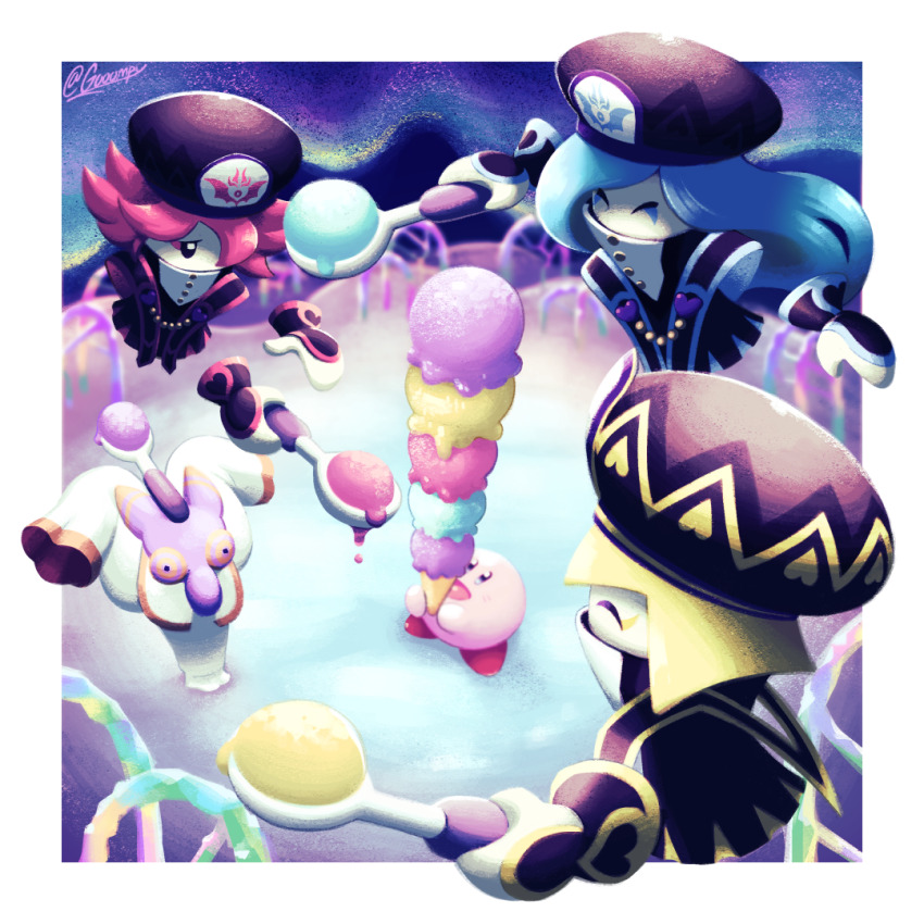 3girls black_hat blonde_hair blue_hair border colored_skin flamberge_(kirby) food francisca_(kirby) gooompy hat heart holding holding_spoon hyness ice_cream ice_cream_spoon kirby kirby_(series) kirby_star_allies multiple_girls multiple_scoops nintendo outside_border pink_skin rayman_limbs red_hair signature sleeves_past_fingers sleeves_past_wrists spoon too_many too_many_scoops white_border wide_sleeves zan_partizanne