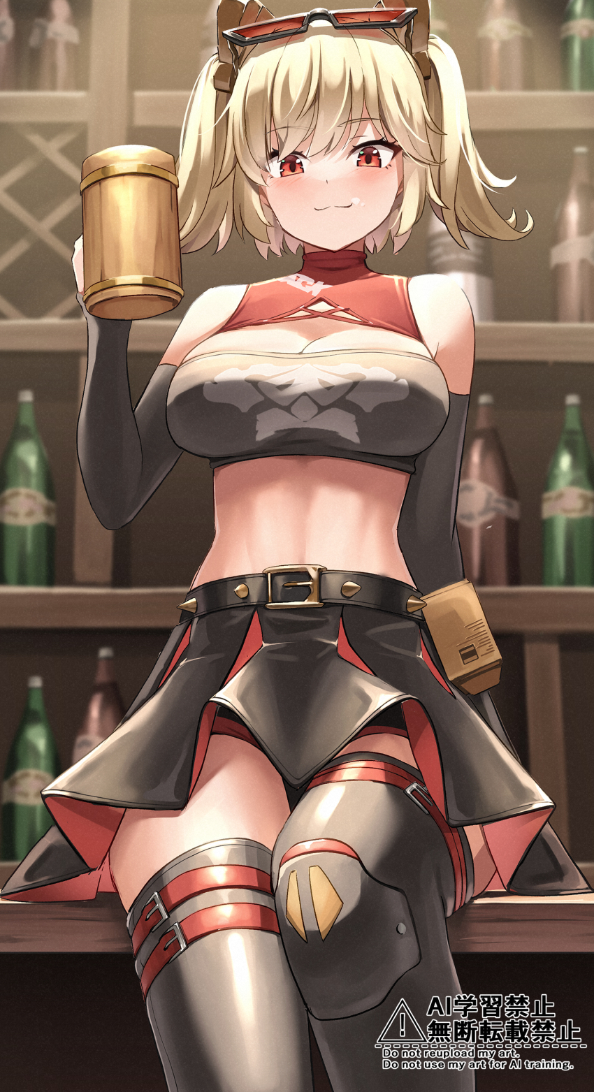 1girl :3 absurdres bar_(place) bare_shoulders belted_skirt black_skirt black_sleeves black_thighhighs black_tube_top blonde_hair blurry blurry_background bottle breasts burnice_white canister cleavage closed_eyes commentary_request cup cyclone_tarou detached_sleeves eyewear_on_head highres holding holding_cup indoors indra_(szzupiopi) large_breasts looking_at_viewer midriff no_jacket red-tinted_eyewear red_eyes revision short_twintails shorts shorts_under_skirt skirt solo spiked_belt strapless sunglasses thighhighs thighs tinted_eyewear tube_top twintails zenless_zone_zero