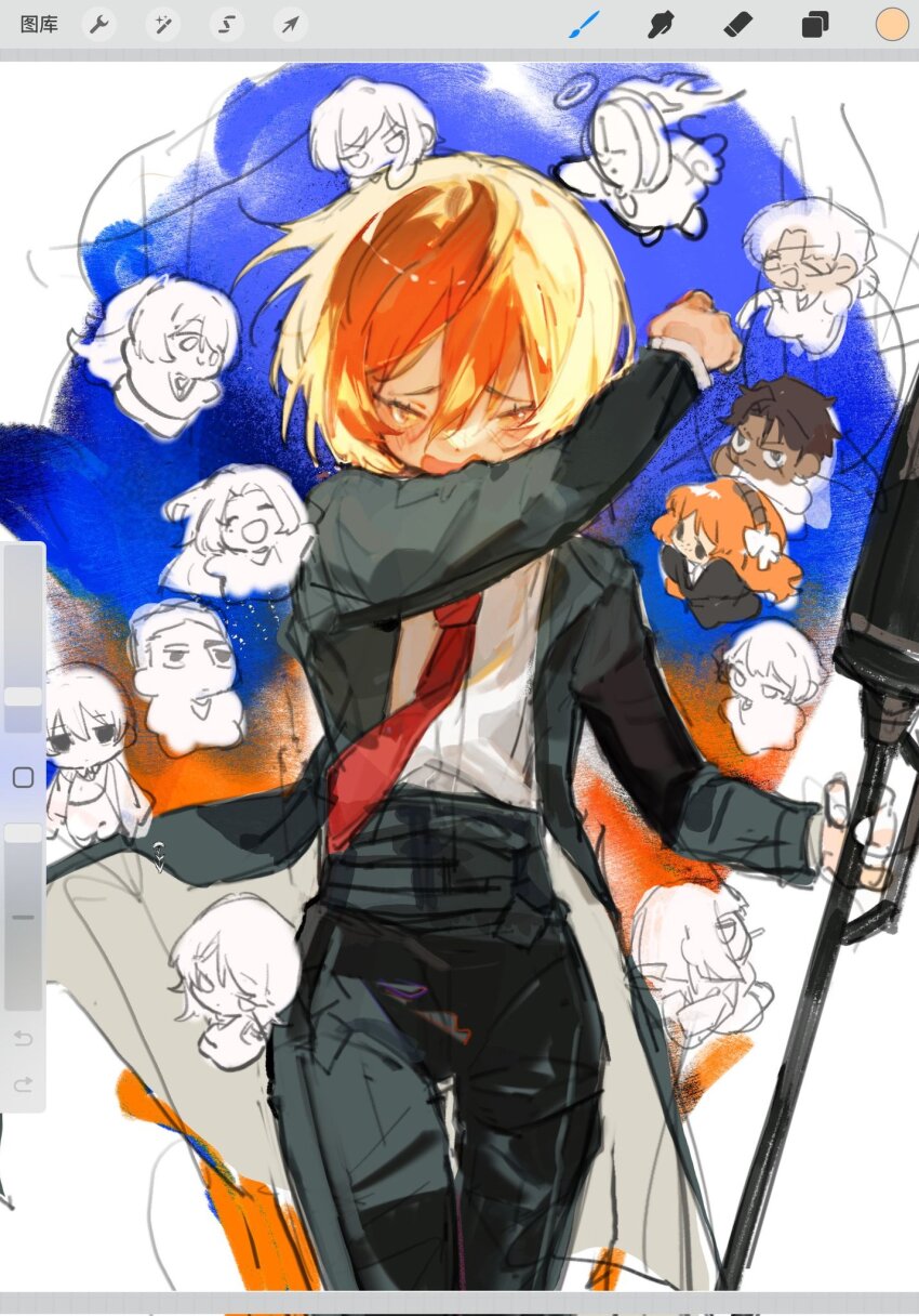 1other 6+boys 6+girls black_coat black_pants blonde_hair clock closed_eyes coat collared_shirt cowboy_shot crying dante_(limbus_company) don_quixote_(project_moon) faust_(project_moon) gregor_(project_moon) heathcliff_(project_moon) highres holding holding_polearm holding_weapon hong_lu_(project_moon) ishmael_(project_moon) jingshenhuanghu lance limbus_company long_sleeves meursault_(project_moon) multiple_boys multiple_girls necktie open_mouth outis_(project_moon) pants polearm project_moon red_necktie rodion_(project_moon) ryoshu_(project_moon) shirt short_hair sinclair_(project_moon) solo_focus weapon white_shirt yi_sang_(project_moon)
