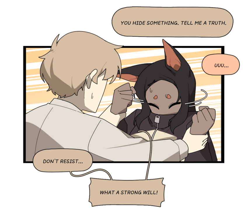 1boy 1girl animal_ears black_hair blush breasts brown_hair closed_eyes colored_speech_bubble comic commentary dark-skinned_female dark_skin doberman_girl_(gomulgong) dobermann dog_ears english_commentary english_text gomulgong holding_another&#039;s_wrist indoors jacket long_hair looking_at_another multicolored_jacket open_mouth original segmented_comic shirt sparkle speech_bubble t-shirt two-tone_jacket zipper_pull_tab
