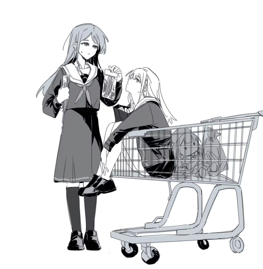 2girls bang_dream! bang_dream!_it&#039;s_mygo!!!!! chinese_commentary closed_mouth commentary_request cucumber e-fa-dorn grey_hair hair_ornament hairclip highres holding kneehighs long_hair mortis_(bang_dream!) mortis_(costume)_(bang_dream!) wakaba_mutsumi_(doll) multiple_girls nagasaki_soyo neckerchief sailor_collar school_uniform shoes shopping_cart socks sweatdrop tsukinomori_school_uniform wakaba_mutsumi