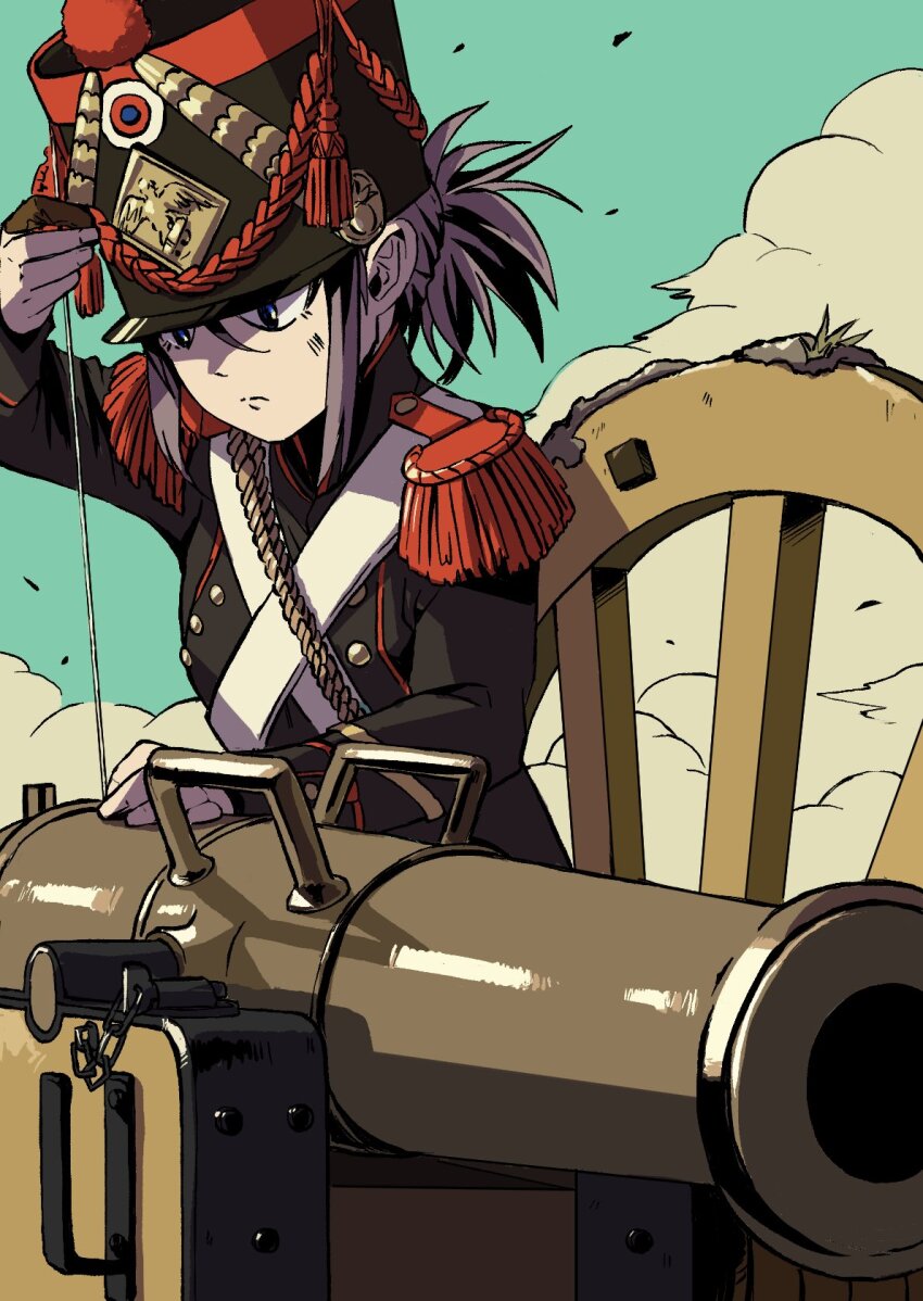 1girl antique_cannon antique_firearm black_jacket blue_eyes blue_sky buttons cannon chain cloud commentary_request double-breasted epaulettes firearm france french_army grey_hair gun hair_between_eyes hat highres jacket looking_at_object machinery military_hat military_uniform original ponytail reloading roundel shako_cap shine sidelocks sky soldier solo upper_body weapon wheel zeinikunosekai