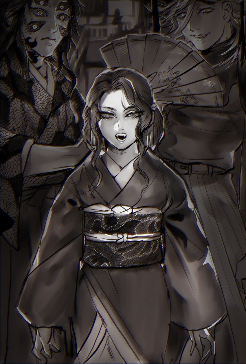 1girl 2boys black_hair chiruchiru demon_boy demon_girl douma_(kimetsu_no_yaiba) genderswap genderswap_(mtf) highres japanese_clothes kibutsuji_muzan kibutsuji_muzan_(female) kimetsu_no_yaiba kimono kokushibou looking_at_viewer multiple_boys