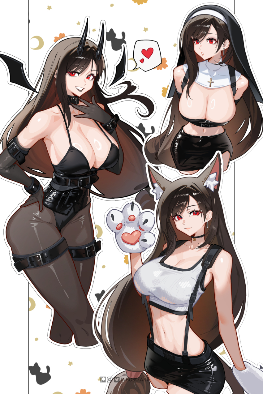 1girl animal_ear_fluff animal_ears animal_hands black_bustier black_choker black_gloves black_hair black_leotard black_pantyhose black_skirt black_veil breasts bustier choker cleavage closed_mouth cross cross_earrings demon_girl demon_horns demon_wings detached_collar earrings elbow_gloves final_fantasy final_fantasy_vii gloves grin hand_on_own_hip highleg highleg_leotard highres horns inhoso jewelry large_breasts leotard long_hair looking_at_viewer looking_to_the_side navel nun pantyhose parted_lips red_eyes sidelocks skirt smile stomach tank_top thigh_strap tifa_lockhart veil white_tank_top wings