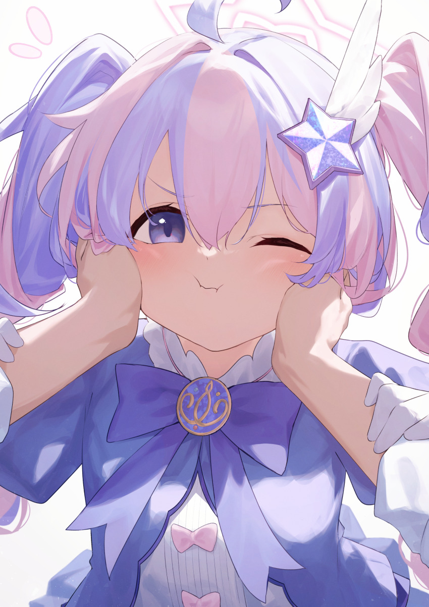 1boy 1girl :i absurdres ahoge backlighting blue_archive blush bow bowtie cheek_squash closed_mouth commentary gloves hair_intakes hair_ornament halo hands_on_another&#039;s_arms hands_on_another&#039;s_cheeks hands_on_another&#039;s_face highres kuchisode looking_at_viewer magical_girl multicolored_hair official_alternate_costume official_alternate_hairstyle one_eye_closed pink_hair pink_halo pov pov_hands purple_bow purple_bowtie purple_eyes purple_hair reisa_(blue_archive) reisa_(magical)_(blue_archive) simple_background solo_focus star_(symbol) star_hair_ornament streaked_hair twintails two-tone_hair upper_body v-shaped_eyebrows white_background white_gloves wing_hair_ornament