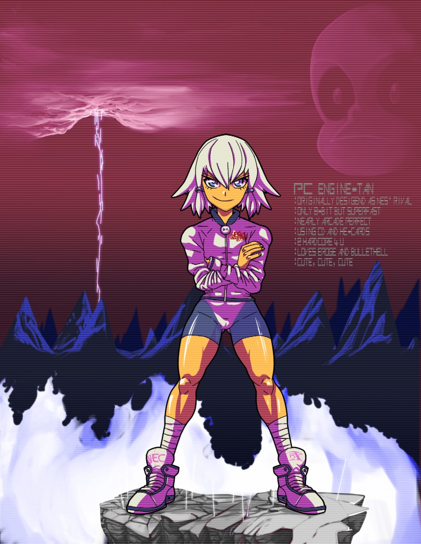 1girl bandaged_leg bandages bike_shorts bonk character_name cloud console console-tan crossed_arms facing_viewer full_body highres looking_at_viewer moyse nec_corporation os-tan outdoors pc-genjin pc_engine pc_engine-tan scanlines shoes short_hair sky smug sneakers standing stats tagme tomboy turbo_duo_xr white_hair