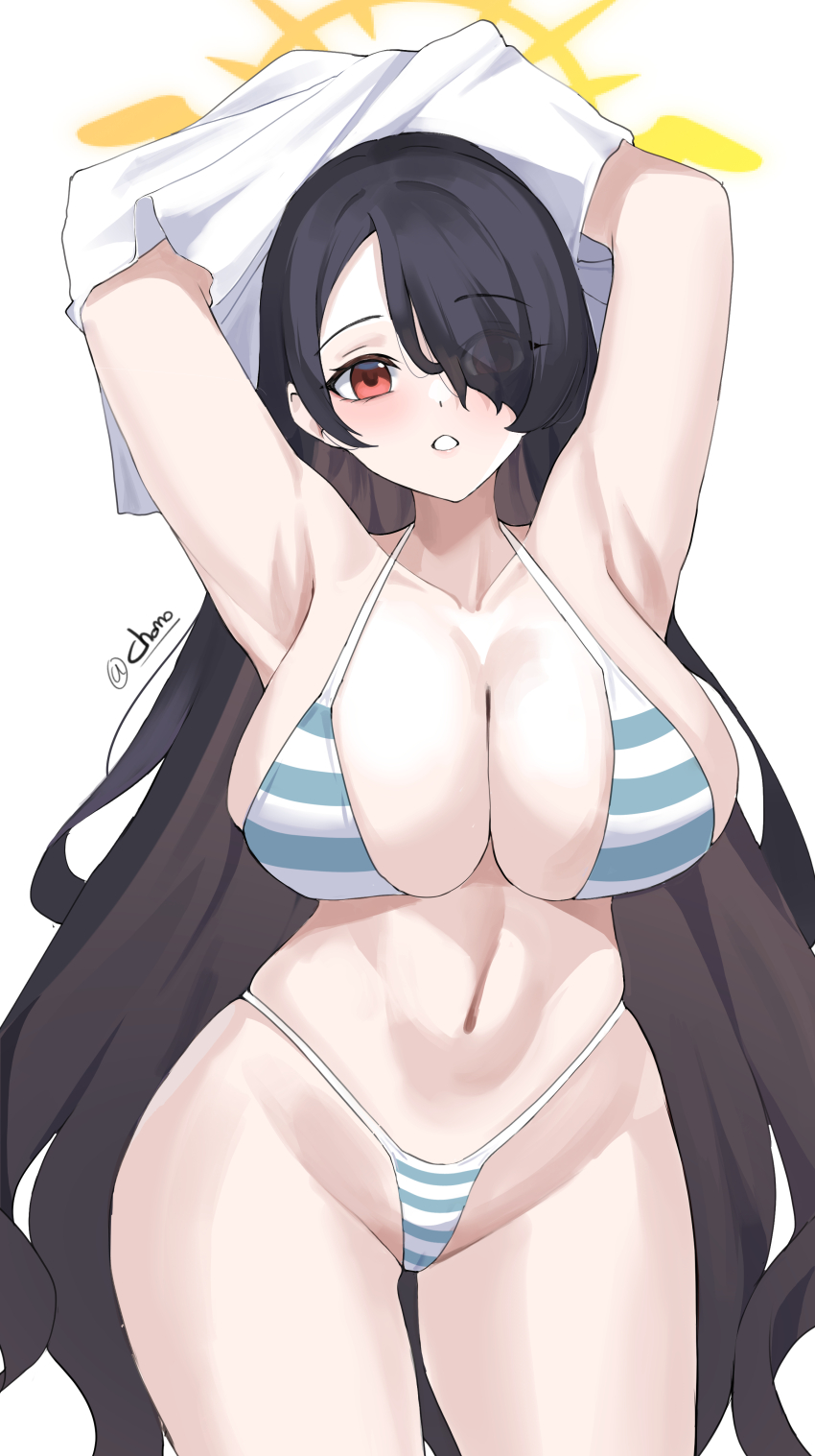 1girl absurdres alternate_costume armpits arms_up bikini black_hair blue_archive blue_bikini blush breasts cleavage eyes_visible_through_hair hair_over_one_eye halo highleg highleg_bikini highres hinata_(blue_archive) kurochomo large_breasts long_hair looking_at_viewer micro_bikini navel parted_lips red_eyes shirt solo stomach striped_bikini striped_clothes swimsuit undressing white_shirt yellow_halo