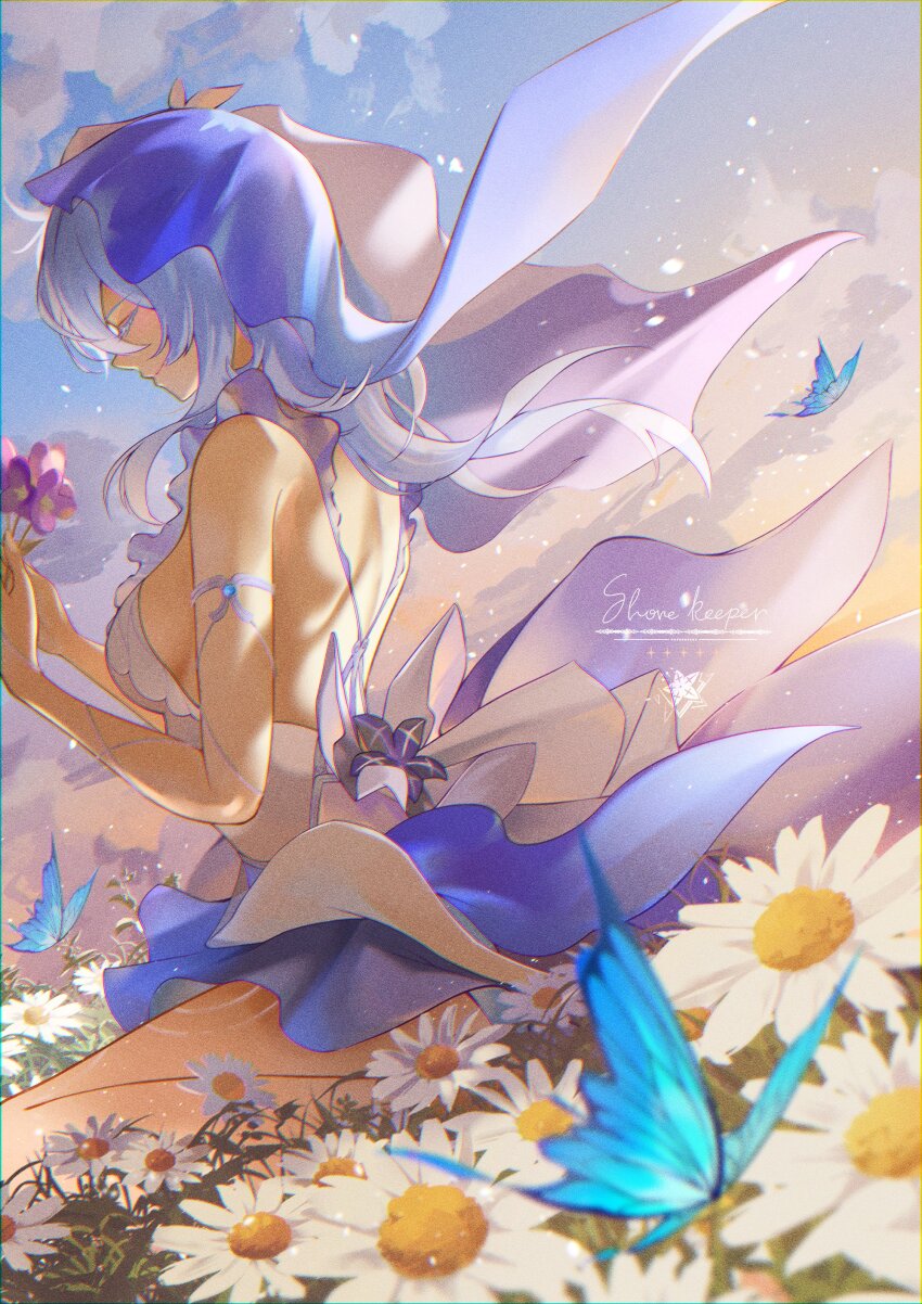 1girl absurdres armlet bare_shoulders black_flower blake_bloom_(wuthering_waves) blue_butterfly blue_veil breasts bug butterfly character_name chigusa7h closed_eyes closed_mouth commentary_request flower from_side hair_flower hair_ornament highres holding holding_flower insect jewelry kneeling long_hair medium_breasts outdoors purple_flower shorekeeper_(wuthering_waves) shoulder_blades sky smile solo veil wind wuthering_waves
