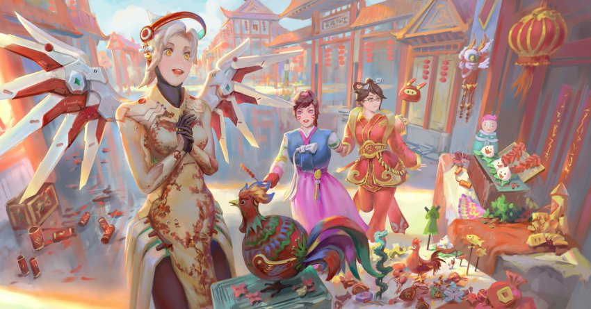 3girls alternate_costume alternate_eye_color alternate_hairstyle armor backlighting bird black-framed_eyewear blizzard_(company) blonde_hair bodysuit braid breasts brown_eyes brown_hair brown_legwear character_doll chicken chinese_clothes chinese_lantern d.va_(overwatch) day debris dress drone facepaint facial_mark faulds firecrackers food fortune_mercy glasses golden_mercy hair_ornament hair_stick halo hanbok high_ponytail highres holding holding_food holding_hands korean_clothes long_hair long_sleeves looking_at_another looking_away looking_to_the_side luna_mei mechanical_halo mechanical_wings medium_breasts mei_(overwatch) mercy_(overwatch) multiple_girls new_year official_alternate_costume open_mouth outdoors overwatch overwatch_1 own_hands_clasped own_hands_together pachimari palanquin_d.va perspective pink_skirt ponytail purple_eyes rabbit_hair_ornament reflection road robot rooster short_hair skirt smile snowball_(overwatch) standing standing_on_one_leg street striped_sleeves stuffed_animal stuffed_octopus stuffed_toy swept_bangs table vincent_123 water whisker_markings wide-eyed wings yellow_eyes