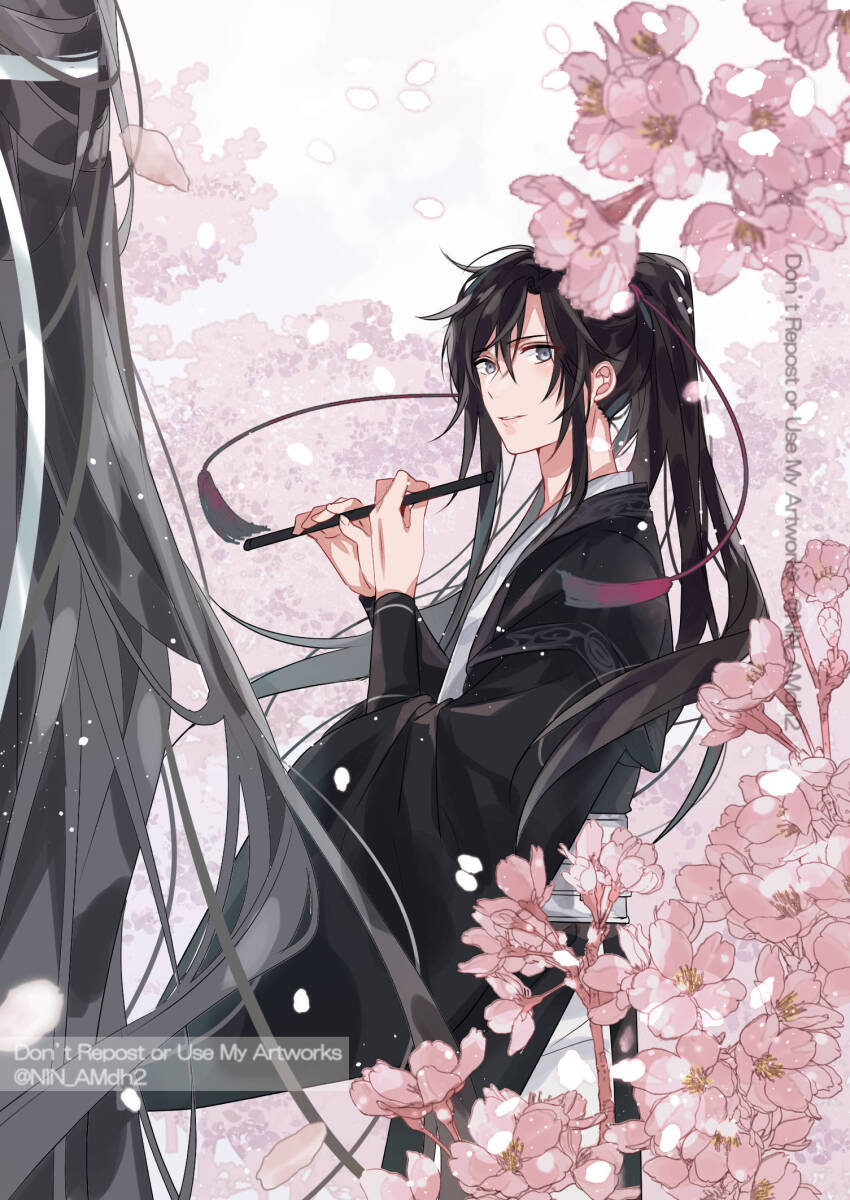 2boys bishounen black_hair black_hanfu black_robe cherry_blossoms chinese_clothes closed_mouth dizi english_text falling_petals flower flute grey_eyes hair_ornament hair_ribbon hanfu high_ponytail highres holding holding_flute holding_instrument hyottokoane instrument lan_wangji long_hair long_sleeves looking_at_viewer male_focus modao_zushi multiple_boys petals pink_flower pink_petals ponytail red_ribbon ribbon robe sidelocks smile solo_focus standing tassel tassel_hair_ornament transverse_flute twitter_username upper_body very_long_hair watermark wei_wuxian wide_sleeves yaoi