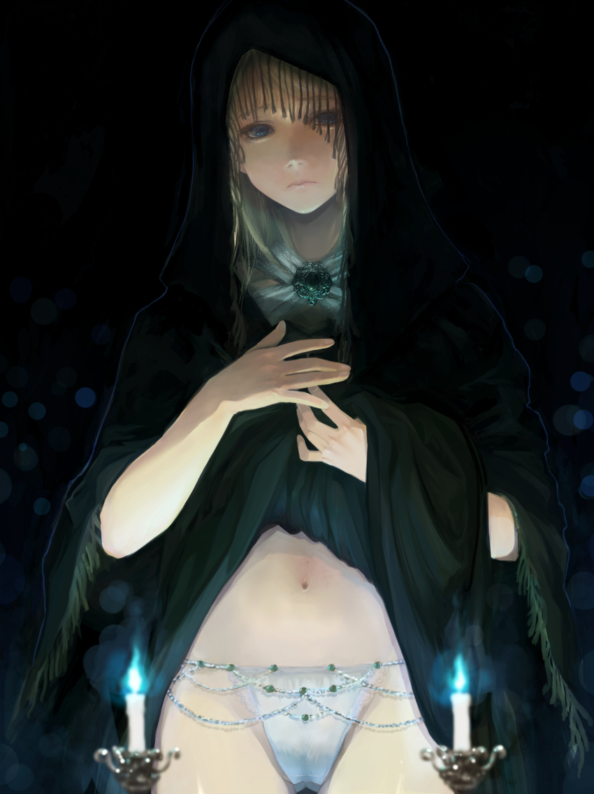 1girl absurdres black_robe blonde_hair blue_eyes brooch candle elden_ring fia_the_deathbed_companion highres hooded_robe jewelry lifting_own_clothes lingerie long_hair navel panties robe solo takashima underwear white_panties
