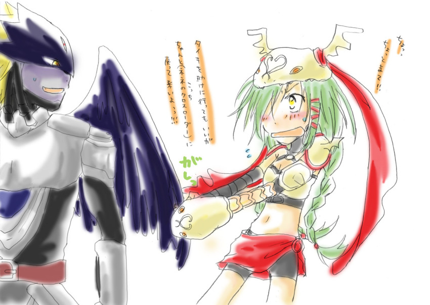 armor beelzebumon_(digimon_xros_wars) braid breasts digimon digimon_(creature) helmet japanese_text long_hair medium_breasts mervamon translation_request
